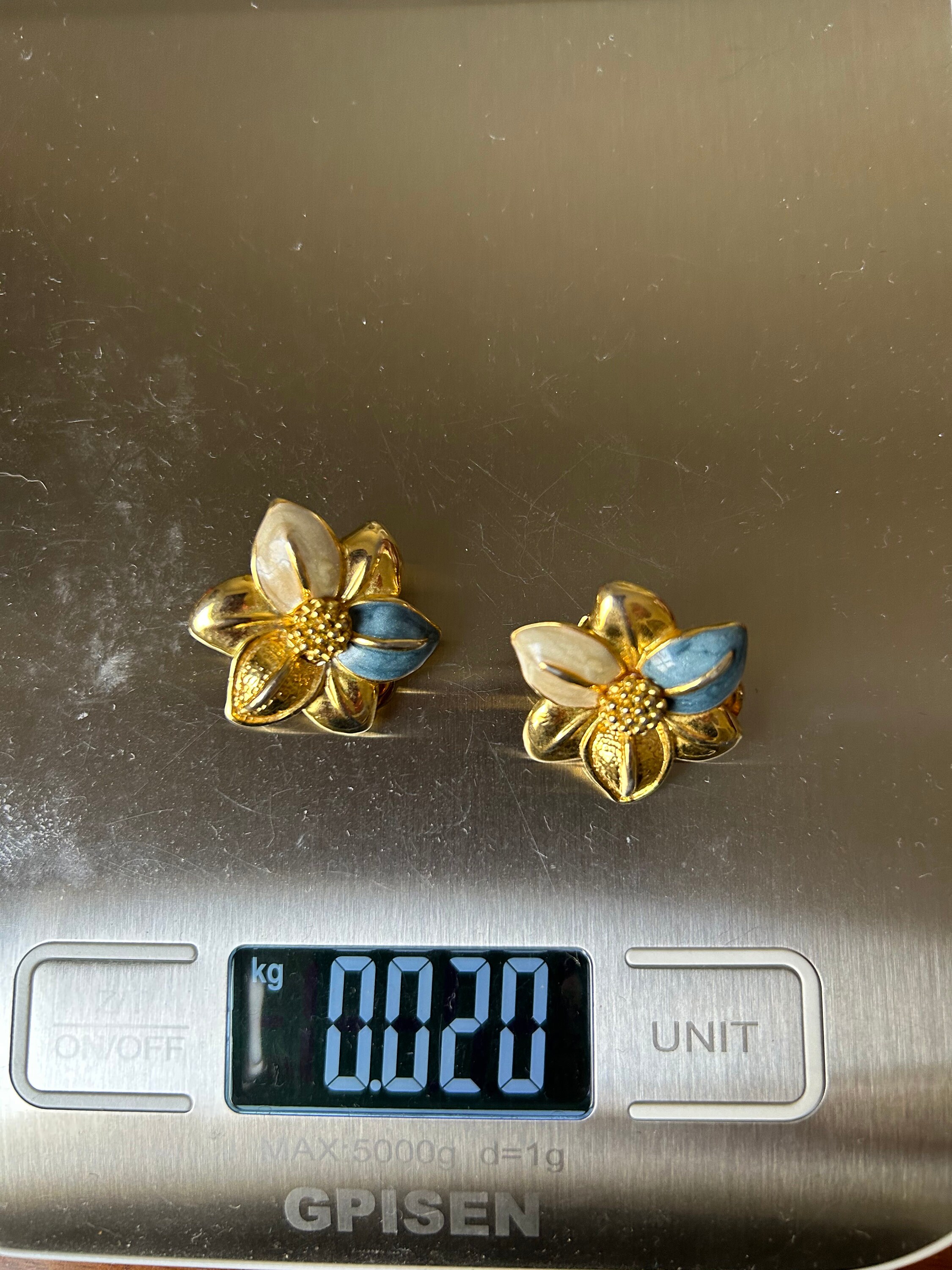 Boucles D'oreilles Clips Vintage - Métal Doré, émail Bleu Fleuri, Style Années 60-70, Occasion