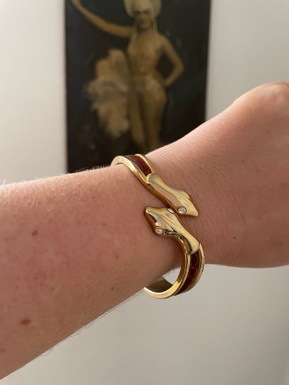 Vintage Brown Snake Skin Clamp Bracelet, Gold Plat