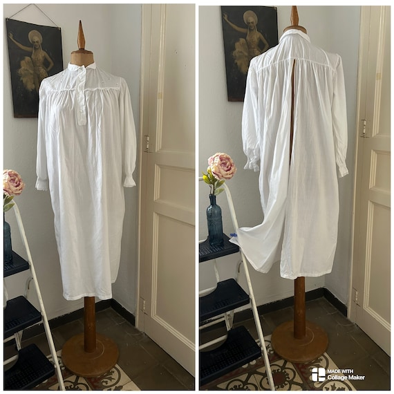 Linen Eyelet Nightgown Vintage White Cotton Open Back Nightgown W