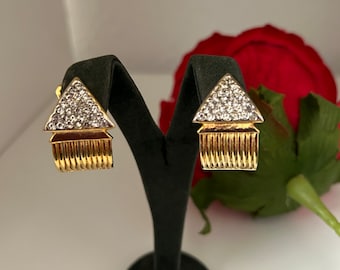 Vintage David Grau diseñador oro plateado Rhinestone flecha en forma de clip en pendientes 90s firmado DAG