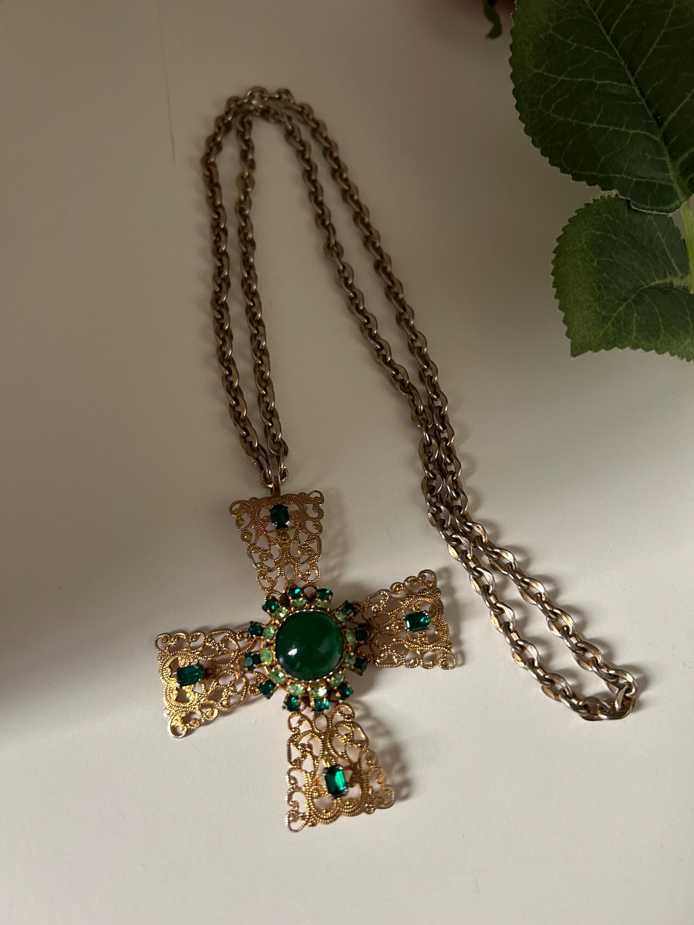 Vintage 70s Chunky Baroque Green Cabochon Jewel Cross Pendant