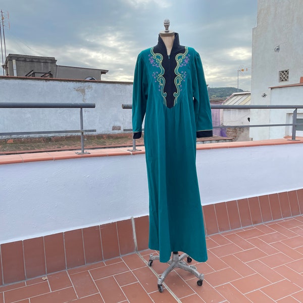 Vintage 1980s Vanity Fair Teal Green Long Sleeved Soft Fleece House Coat Robe Winter Nightgown Size Small