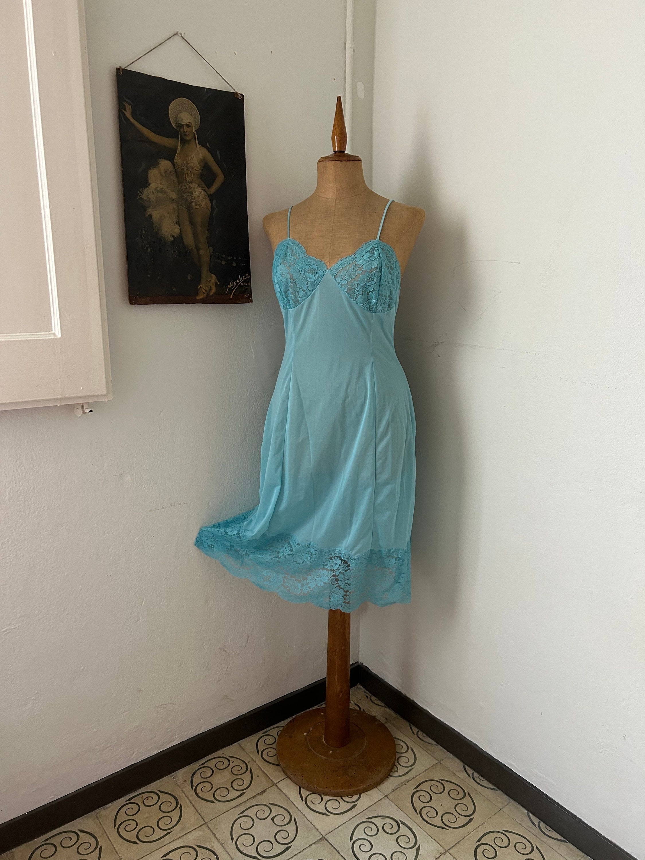 Lace-trimmed Slip Dress - Light turquoise - Ladies