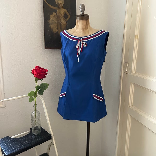 Vintage Early 70s Royal Blue Majorette Style Tunic Top with Red & White Ribbon Trim Size Medium