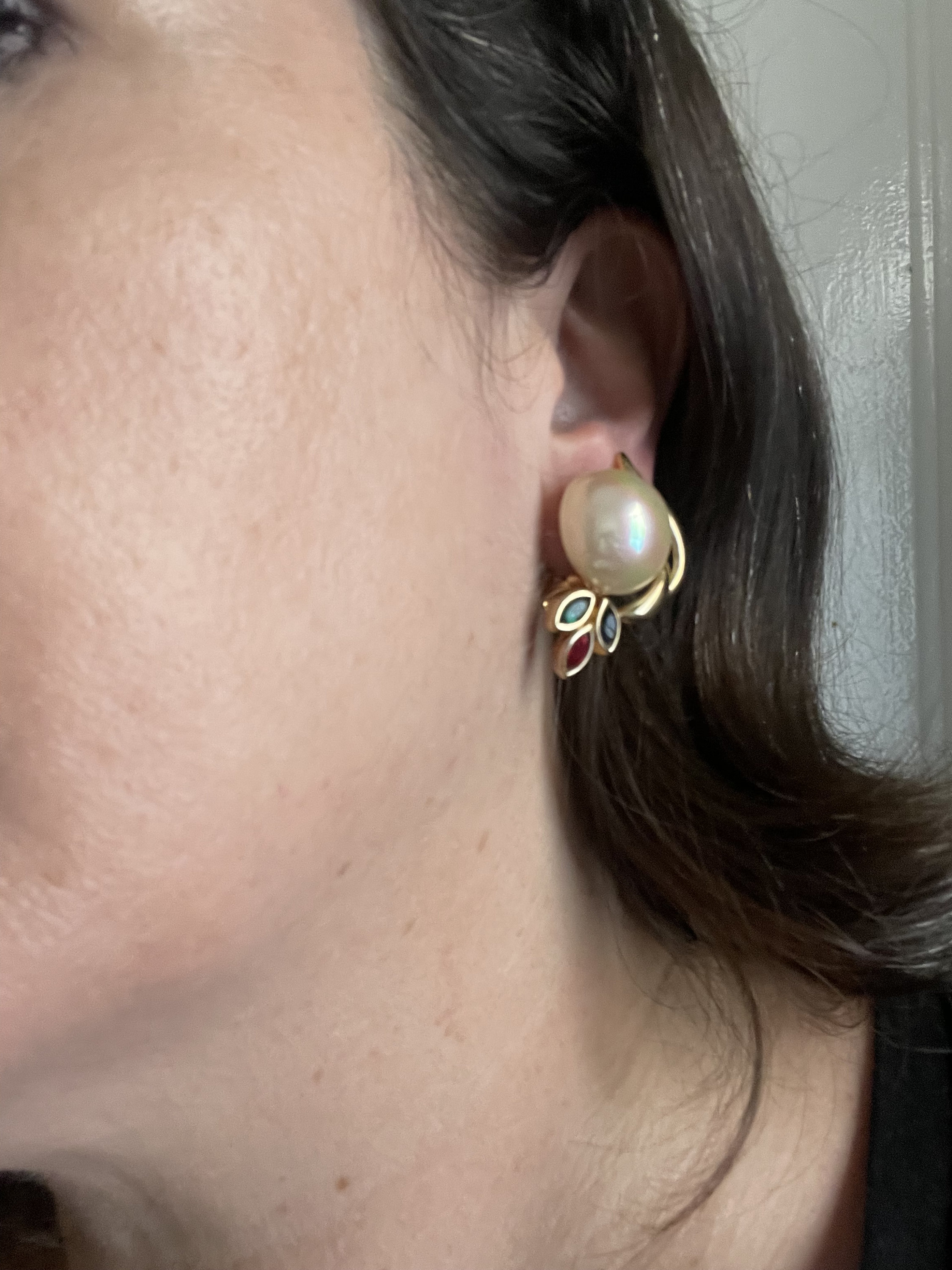 Boucles D'oreilles Longues Pendantes Vintage - Clips Or, Perle & Cristal Vert - État Impeccable