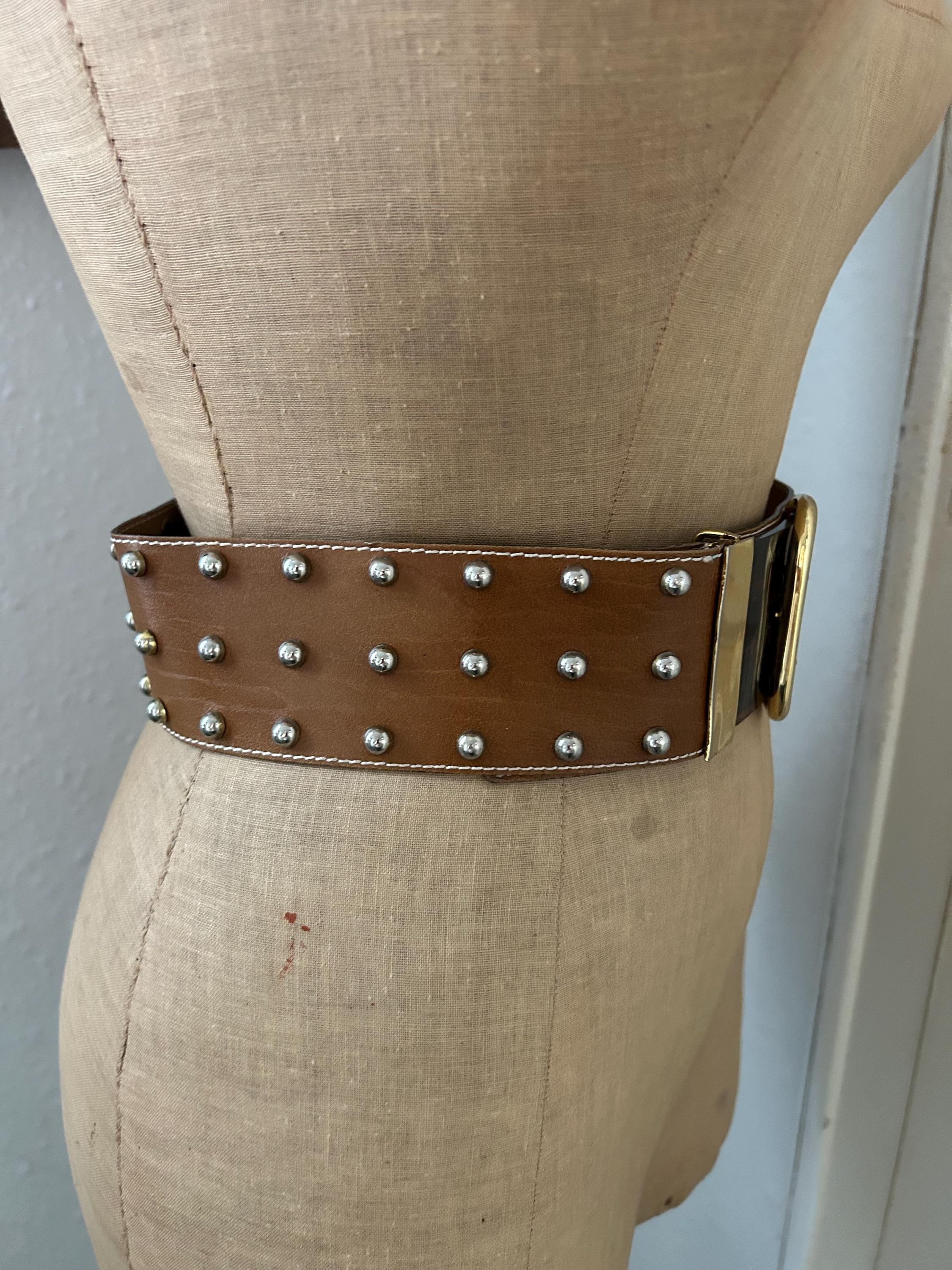 M/L Vintage 90s Wide Brown Leather Studded Belt With Faux