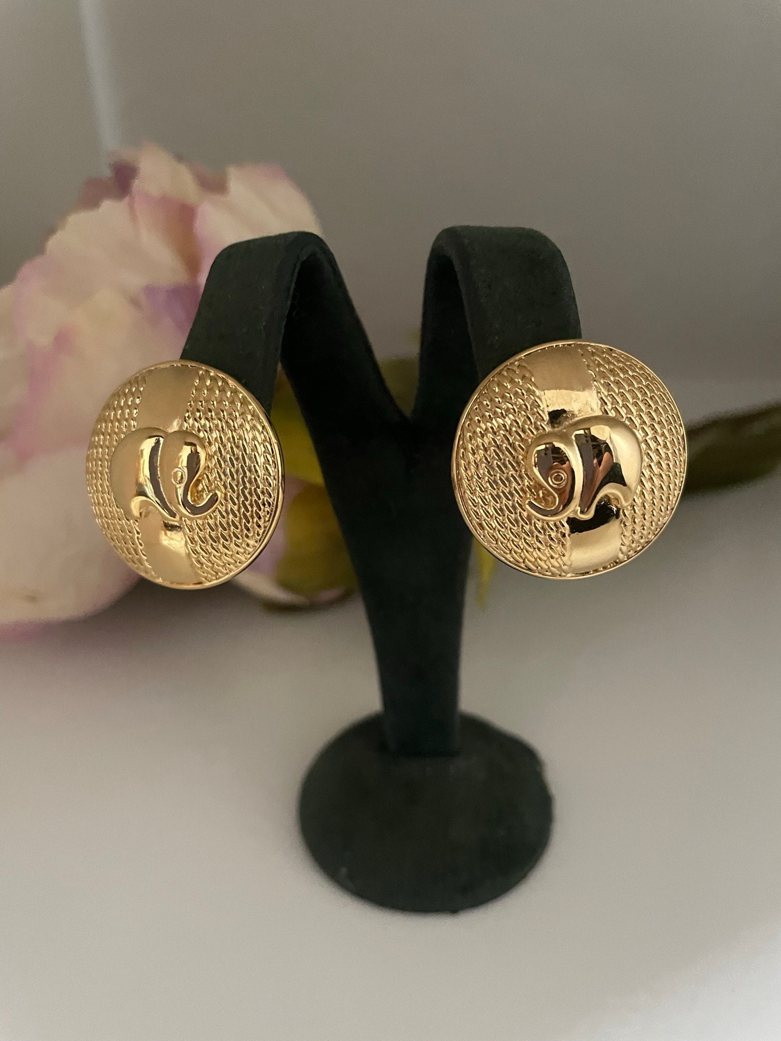 Chanel Vintage Gold Plated Round Texture CC Crystal Dangle Clip on Earrings