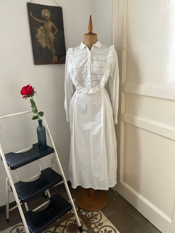 Antique Ruffled Bib White Cotton Nightgown, Edwar… - image 1