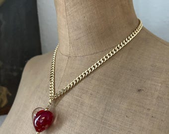Collier Vintage Pendentif Cœur Perles Rouges Style Murano - Occasion, Sans Marque