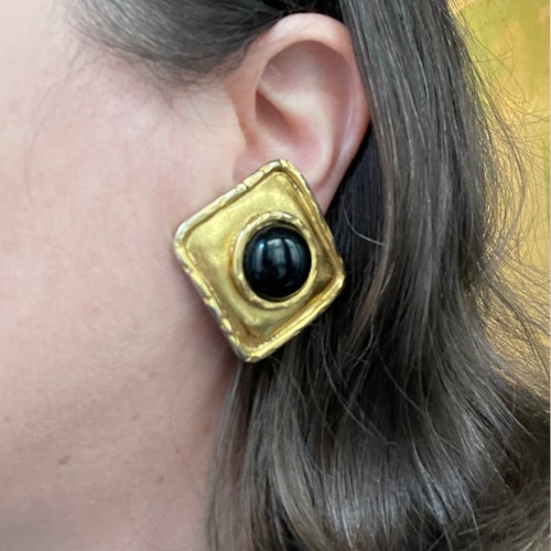 Edouard Rambaud Earrings, Vintage Matte Gold Square Signed Earrings, Black Cabochon Center Clips shops Paris France, French Designer Earrings 80s