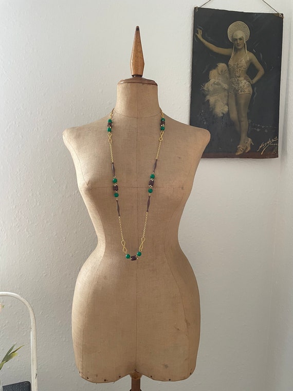 Vintage NOS Green & Brown Beaded Chain Flapper Ne… - image 1