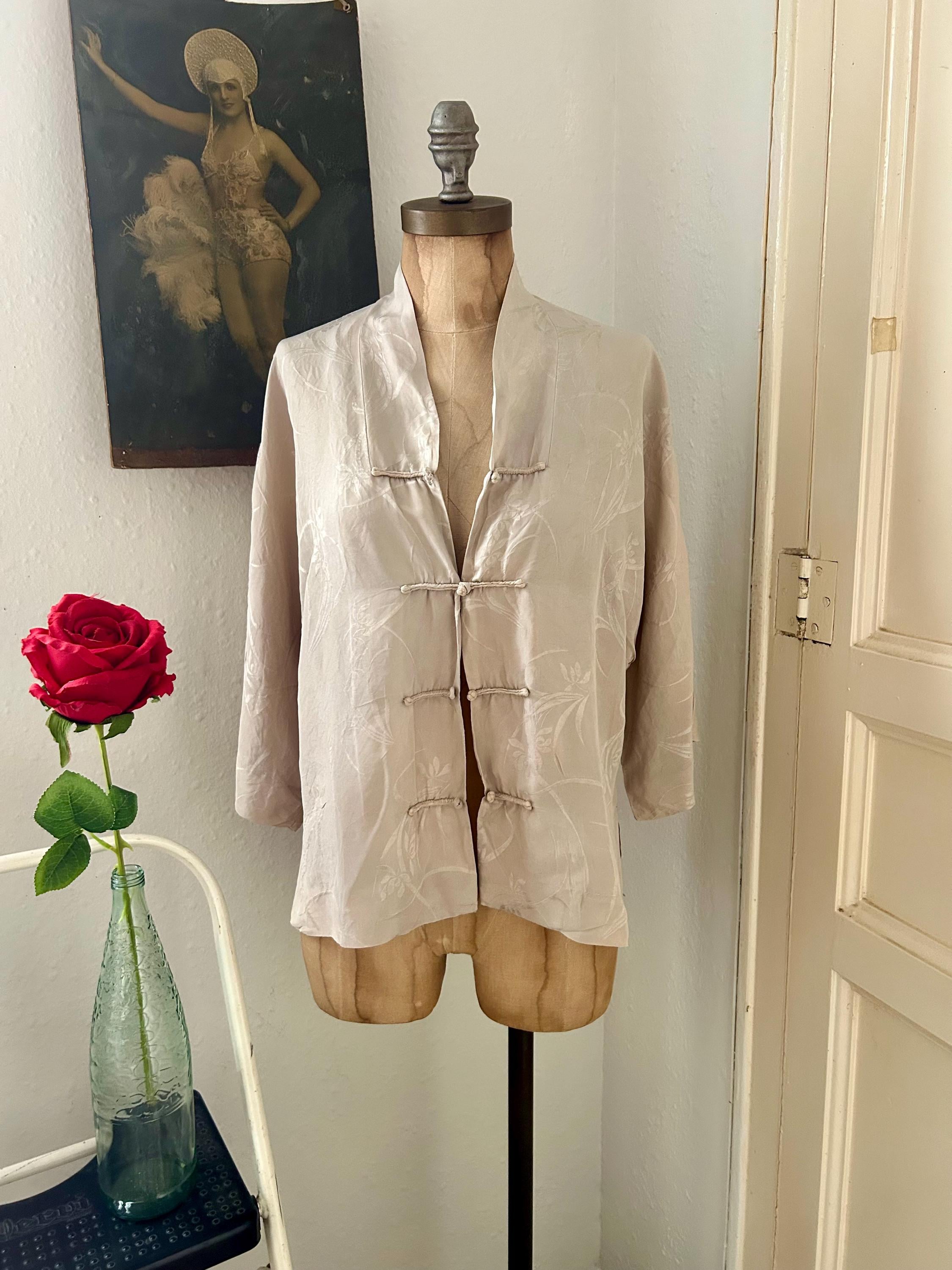 Vintage Beige Seide Orientalische Kunst Jacke Top Bluse Größe Medium