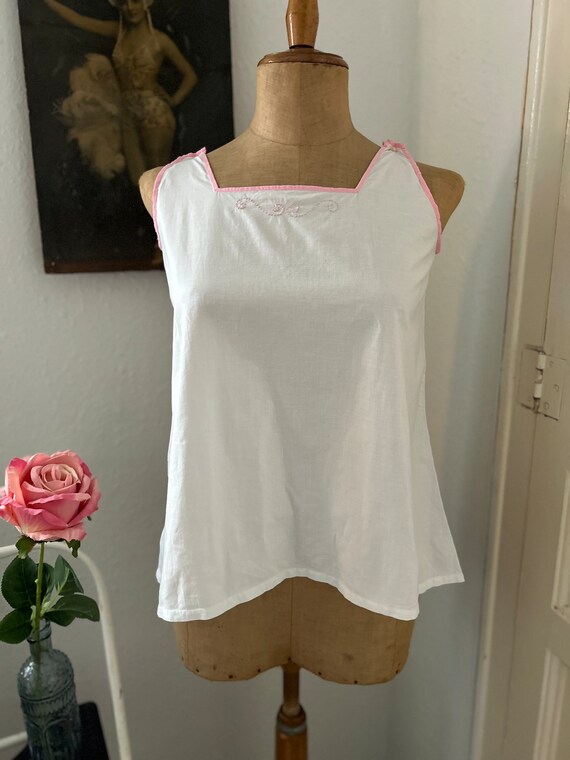 Antique White Cotton Tank Top Camisole with Pink … - image 2