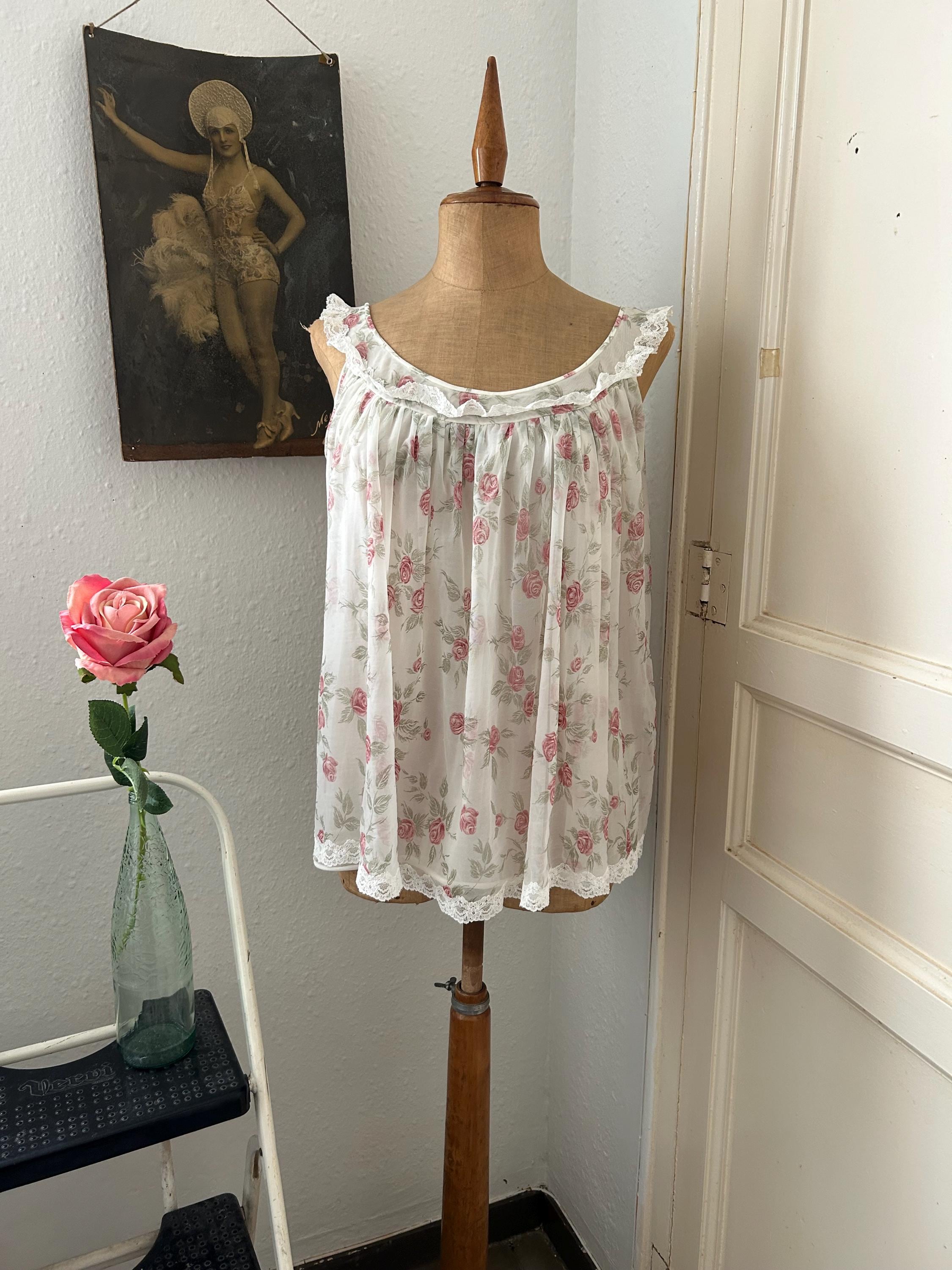 Vintage 1960s Pink Rose Floral Print Double Layer Chiffon and Nylon Babydoll Cami Top