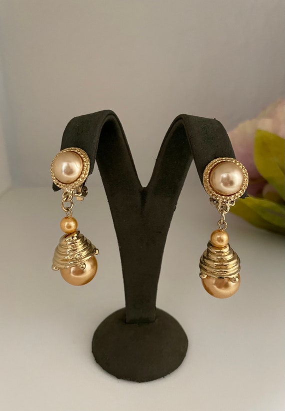 NOS Vintage Golden Faux Pearl Dangle Clip Earrings