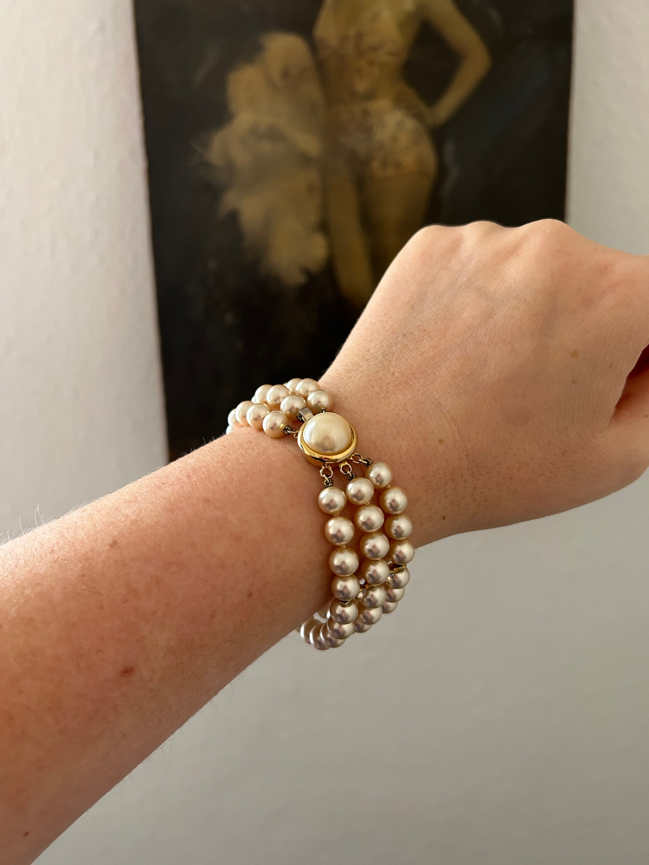 Vintage Mallorca Pearl and Crystal Triple Strand Bracelet With
