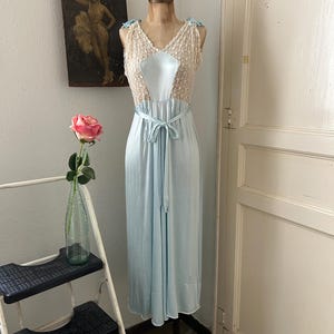 Vintage 1940s Ice Blue Liquid Rayon Jersey Nightgown with Lace Bodice