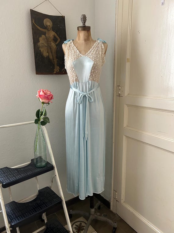 Vintage 1940s Ice Blue Liquid Rayon Jersey Nightgown with Lace Bodice Vintage 1940s Ice Blue Liquid Rayon Jersey Nightgown with Lace Bodice