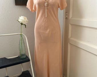 1930s Peach Silk Maxi Nightgown: Vintage Embroidered V-Neck Dress