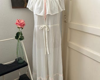 1970s White Maxi Robe: Vintage Ruffle Flounce Dressing Gown