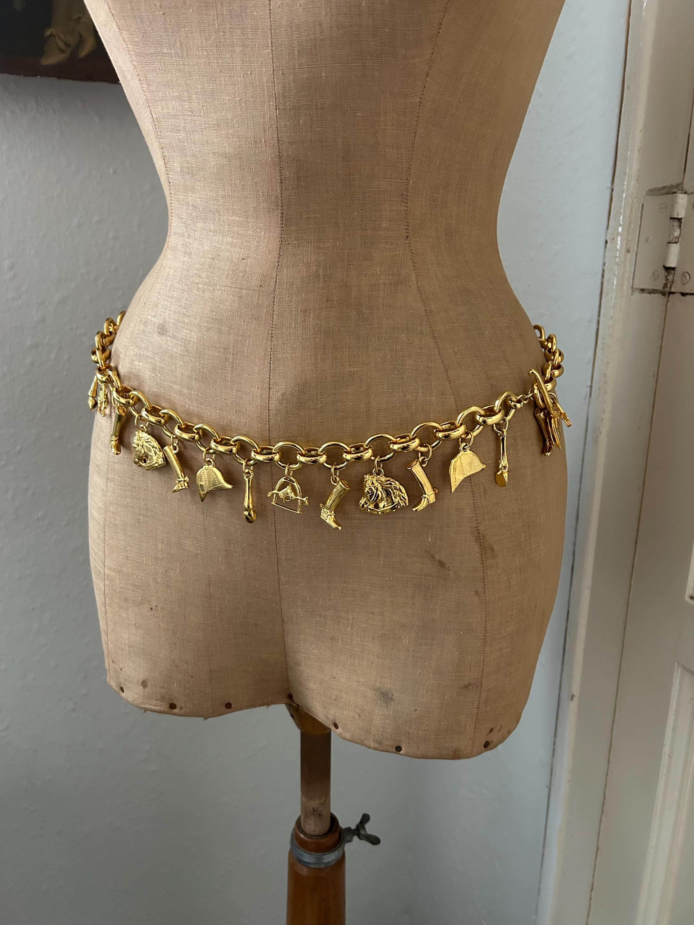 VTG Cache Gold Tan Chain Accent Belt Equestrian Vintage Gold Chain Belt with Lion Detail – Tarin Thomas main image 4
