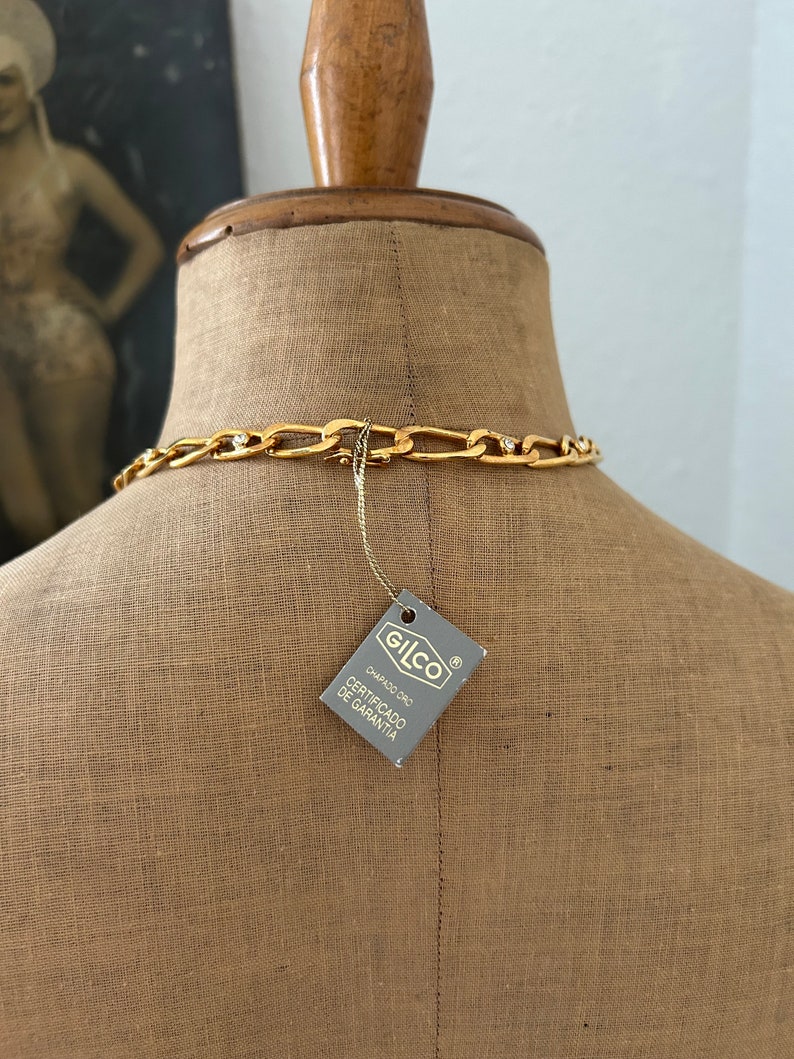 Vintage NOS Gold Plated Chunky Chain Collar Necklace With Clear