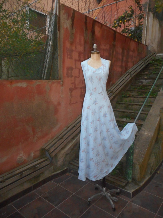 Vintage 1930s Powder Blue Floral Print Halter Neck