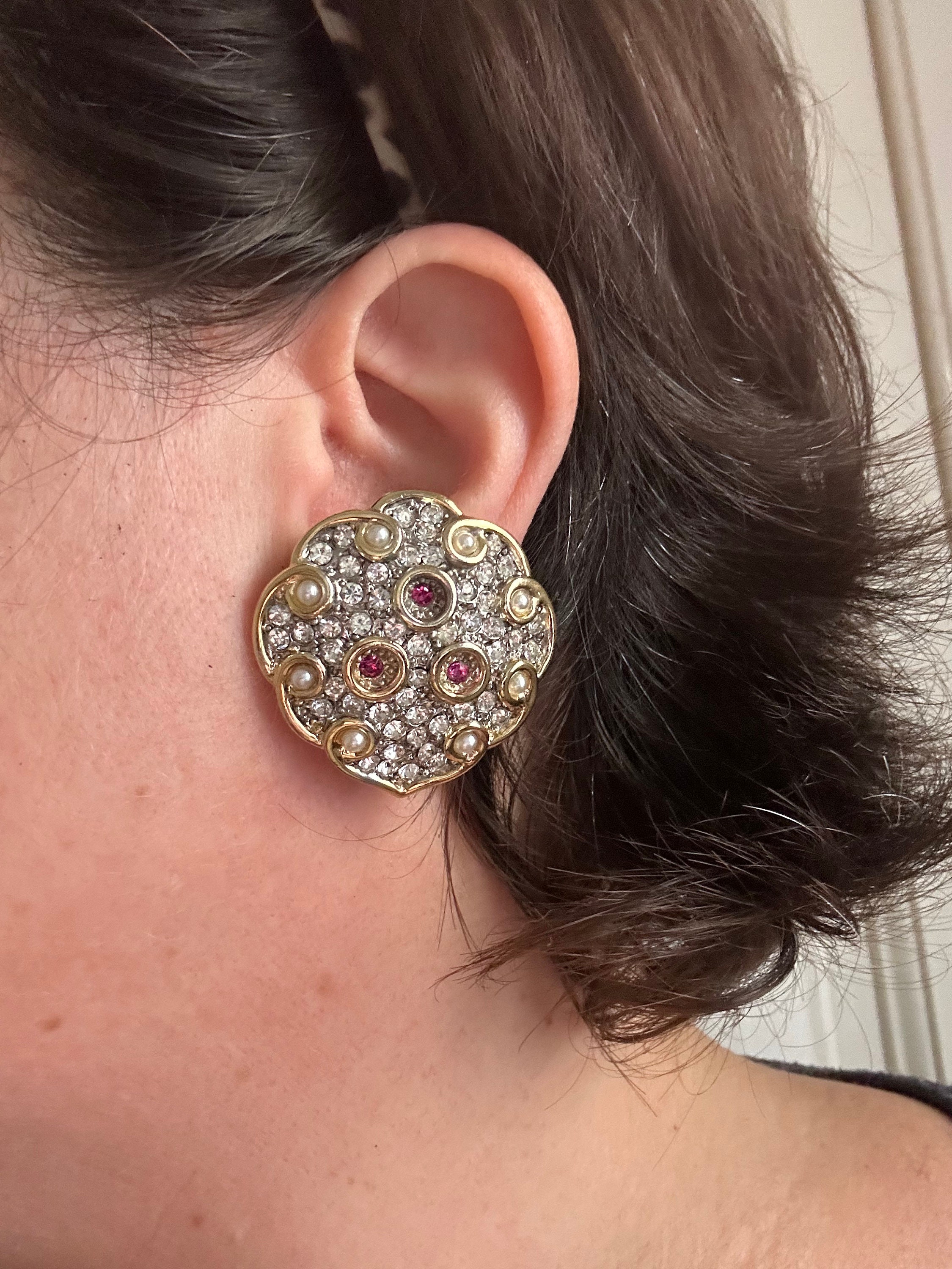 Boucles D'oreilles à Clip Vintage Années 80 - Perles Et Diamants Synthétiques, Plaqué Or
