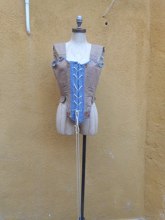 Antique 1800s Work Chore Corset Vest Lace Up Woode
