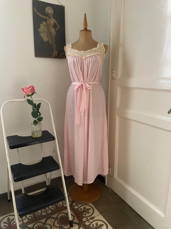 Vintage 1930s Pink Rayon Nightgown, Subtle Floral Pri… - Gem