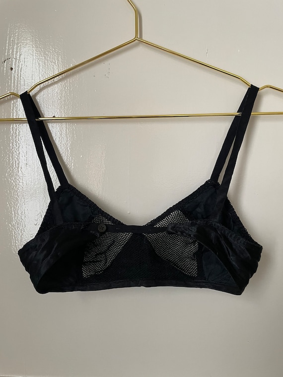 Vintage 1950s Black Satin and Fishnet Lace Bra, Rayon and Mesh Lace Bra NO  Underwire 