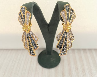David Grau Earrings, Signed Designer Clip Ons, NOS Vintage Clips, Blue Rhinestone Crystal Bow Shaped Earrings, Gold Plated Jewelry 80s Spain