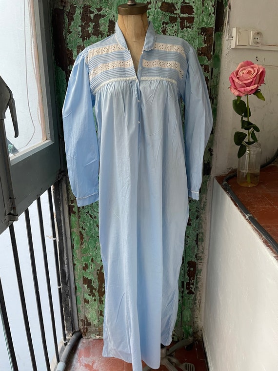 Vintage 1930s Blue Cotton Nightgown, Antique Long… - image 2