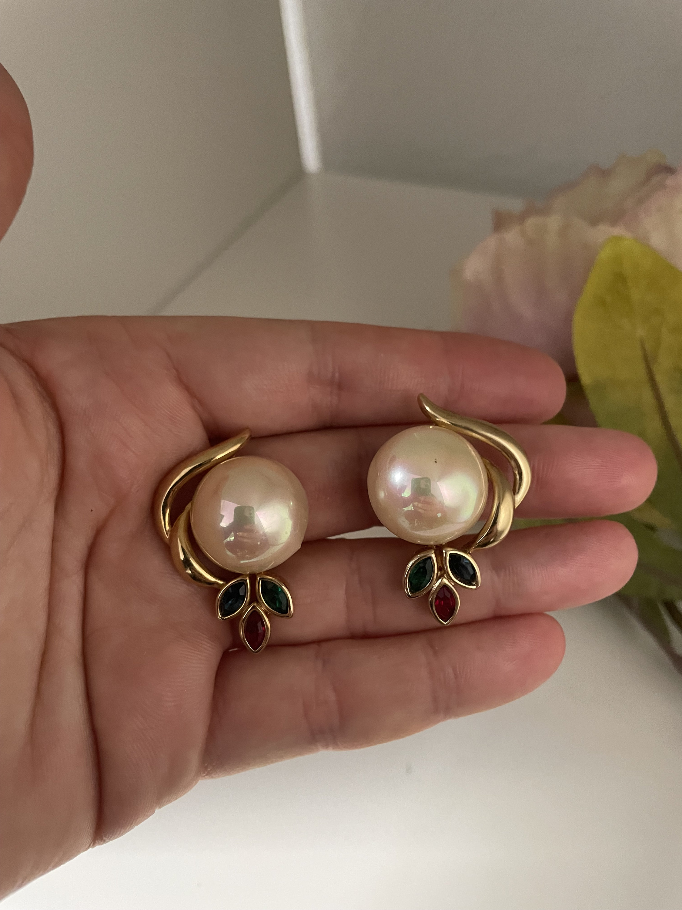 Boucles D'oreilles Longues Pendantes Vintage - Clips Or, Perle & Cristal Vert - État Impeccable