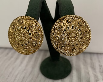 Vintage Gold Tone Baroque Round Rope Trim Clip On Statement Earrings 90s NOS