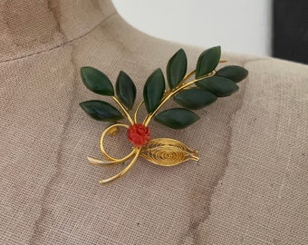 Vintage NOS Moss Green Leaf Brooch w/ Coral Pink Rose, 1960s Mid Century Fern Lapel Pin with Rosette and Gold Filigree Leaves, Gift for Her