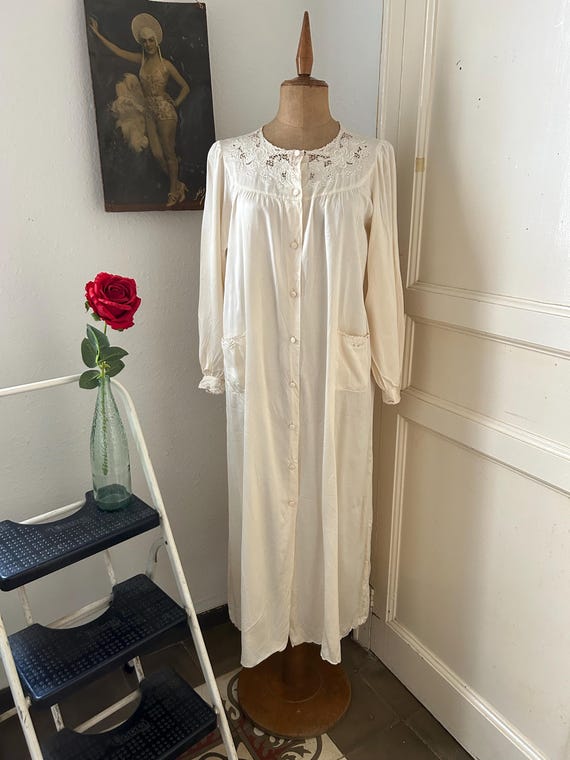 Pretty Cream Colored Hand Embroidered Long Silk Robe Dressing Gown