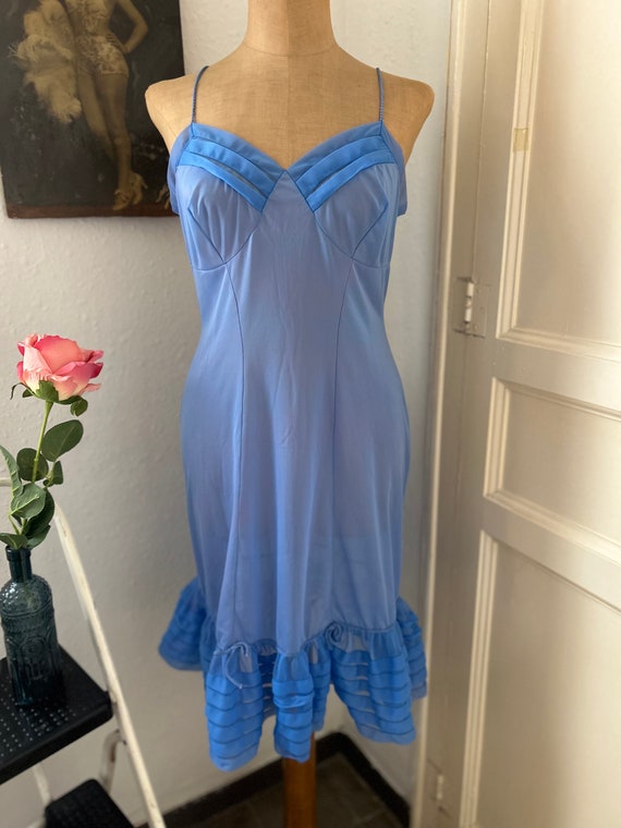 Vintage 50s Periwinkle Blue Nylon Slip Dress, Fro… - image 3