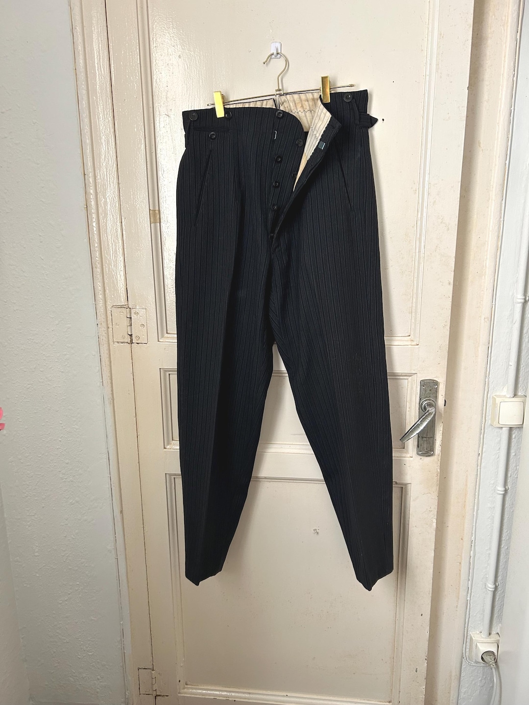 Men's 1950s Tuxedo Button Fly Pin Striped Trousers 33