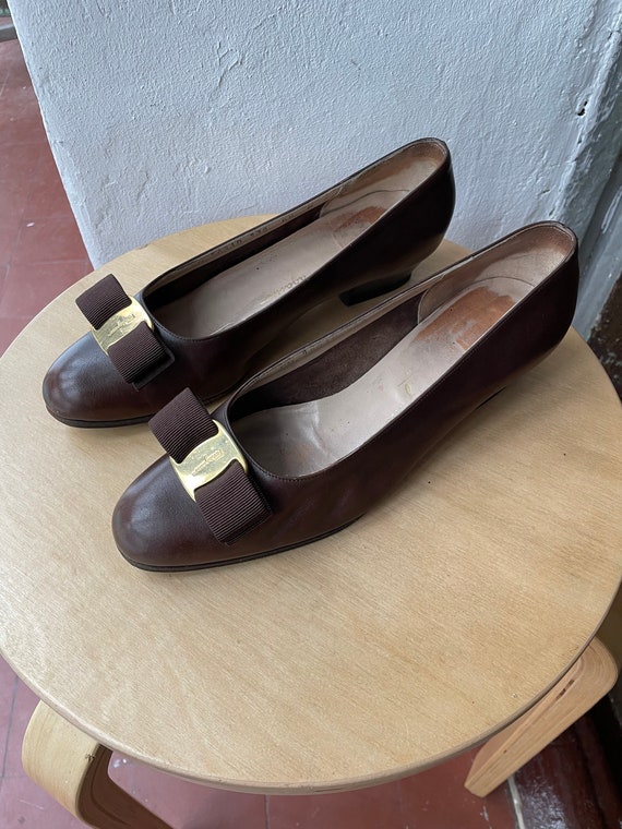 Vintage Ferragamo Vara Bow Flats Size 6 1/2 C Chocolate Brown | Etsy