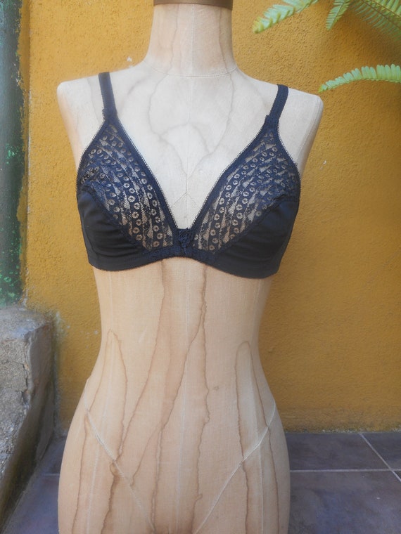 Vintage 1950s Black Satin and Fishnet Lace Bra, Rayon and Mesh
