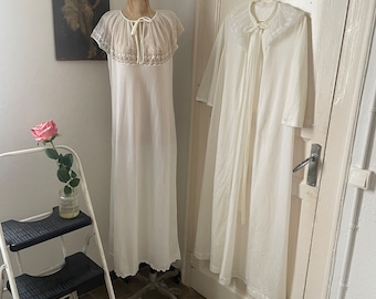 Peignoir nupcial blanco vintage de los años 70, camisón y bata de largo maxi para novia, bata color crema y camisón tamaño mediano