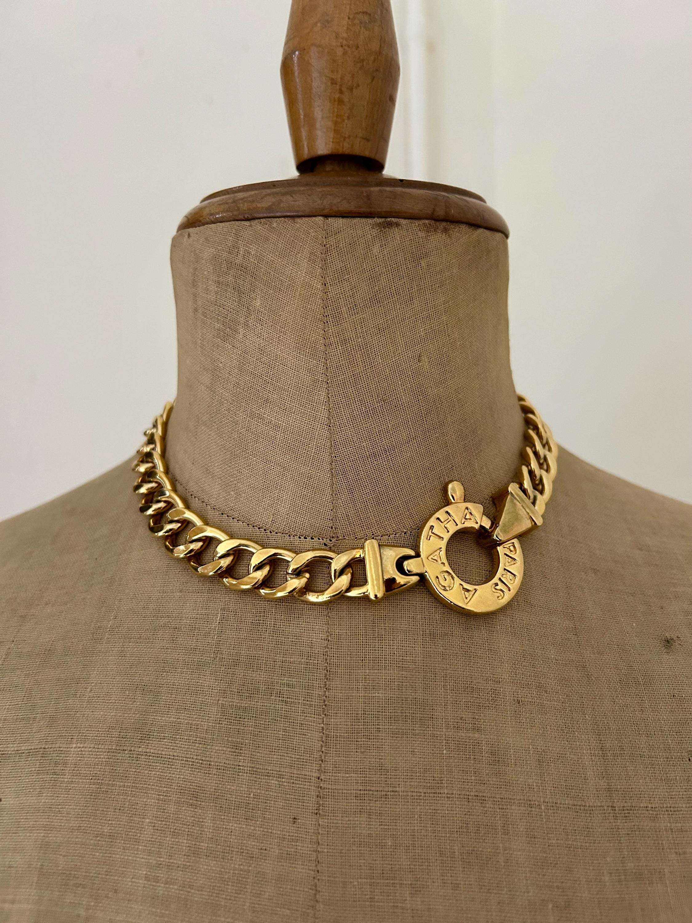 Collier Long Signé AGATHA - Perles De Verre Noir Et Mauve, Occasion Bon État