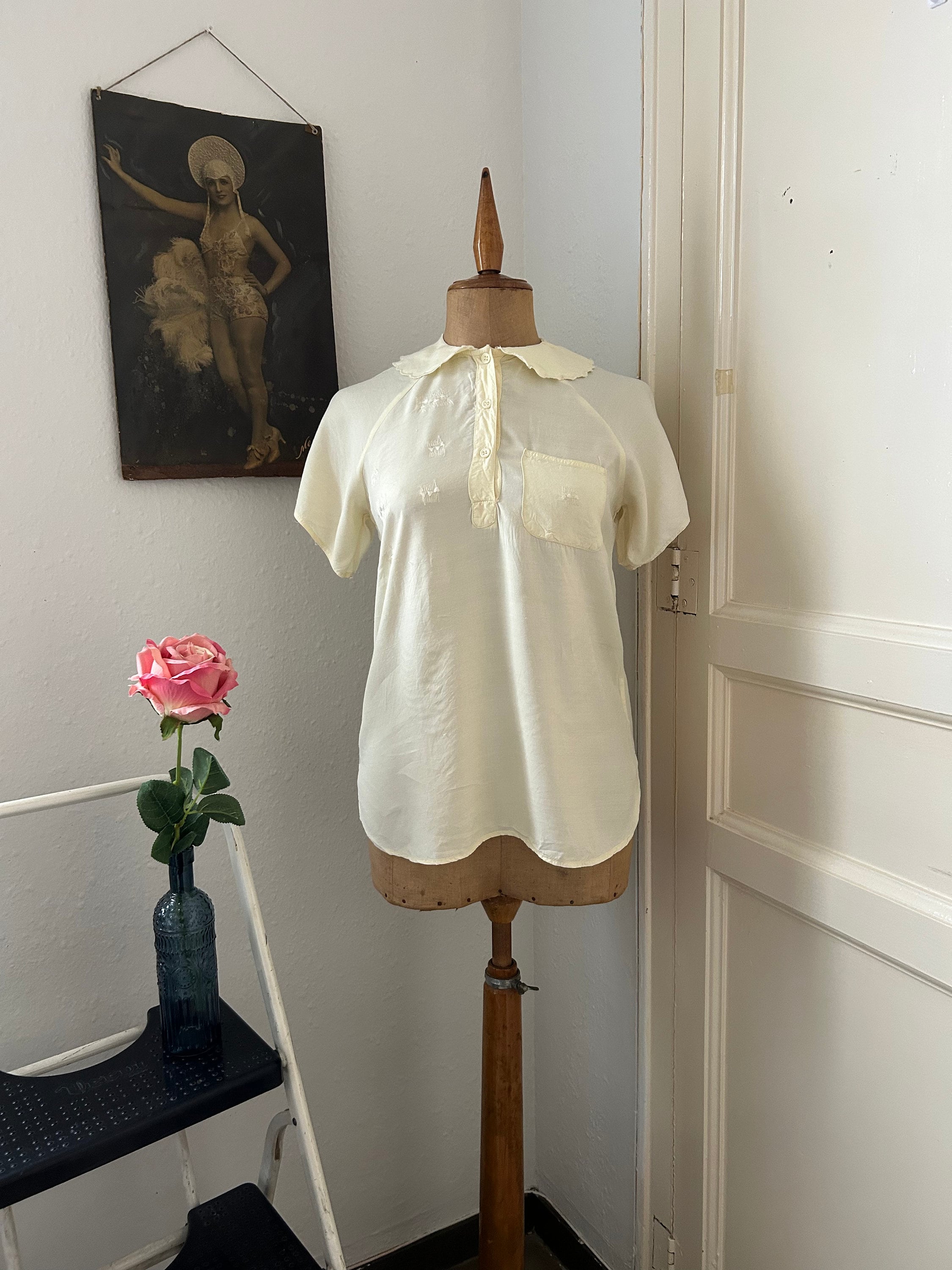 ヴィンテージ刺繍入りレーヨンブラウス：70年代バタークリームイエロー 