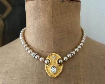 ヴィンテージNOSゴールドカラーネックレス（クリアファセットガラス