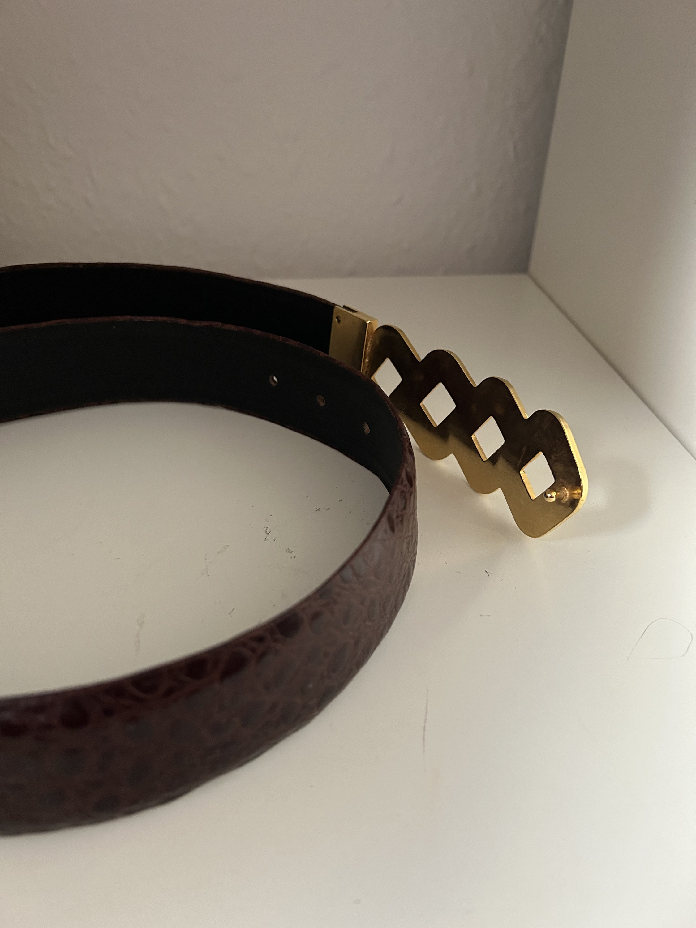 Vintage Crocodile Embossed Leather Belt: 90s Gold Buckle  display picture 3