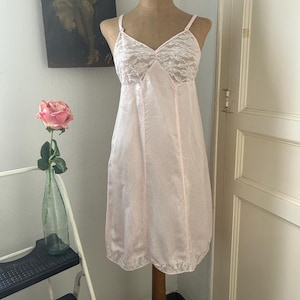 Vintage 1940s Pink Satin Slip Dress with Lace Trim