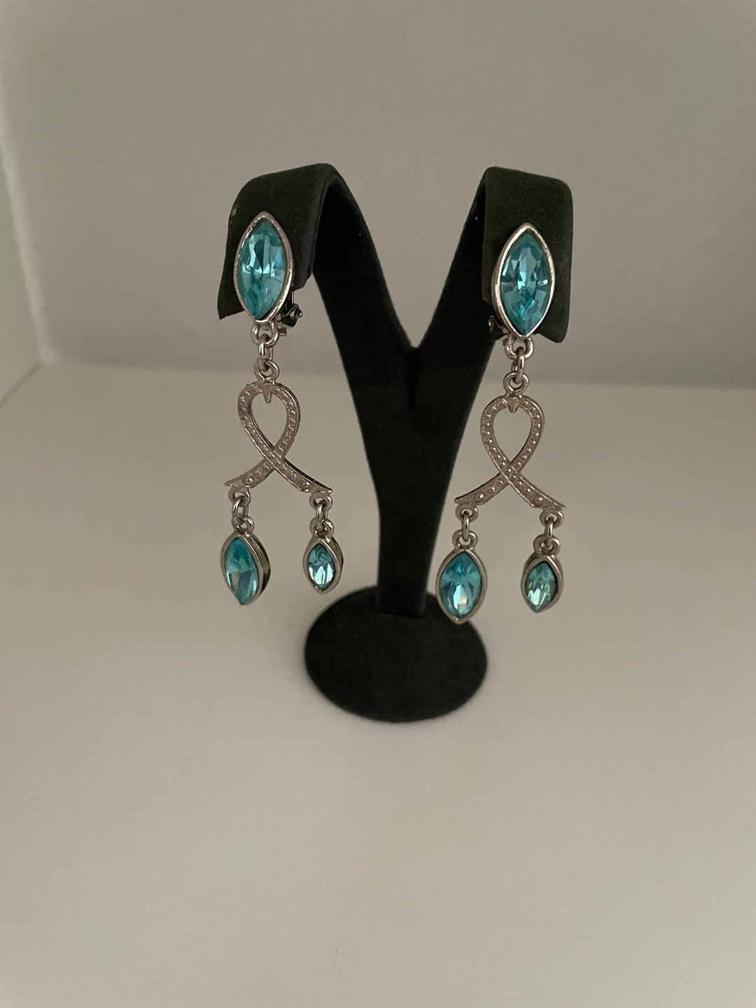 Boucles D'Oreilles Vintage Art Déco – Plaqué Or – Bleu – Clips – Occasion