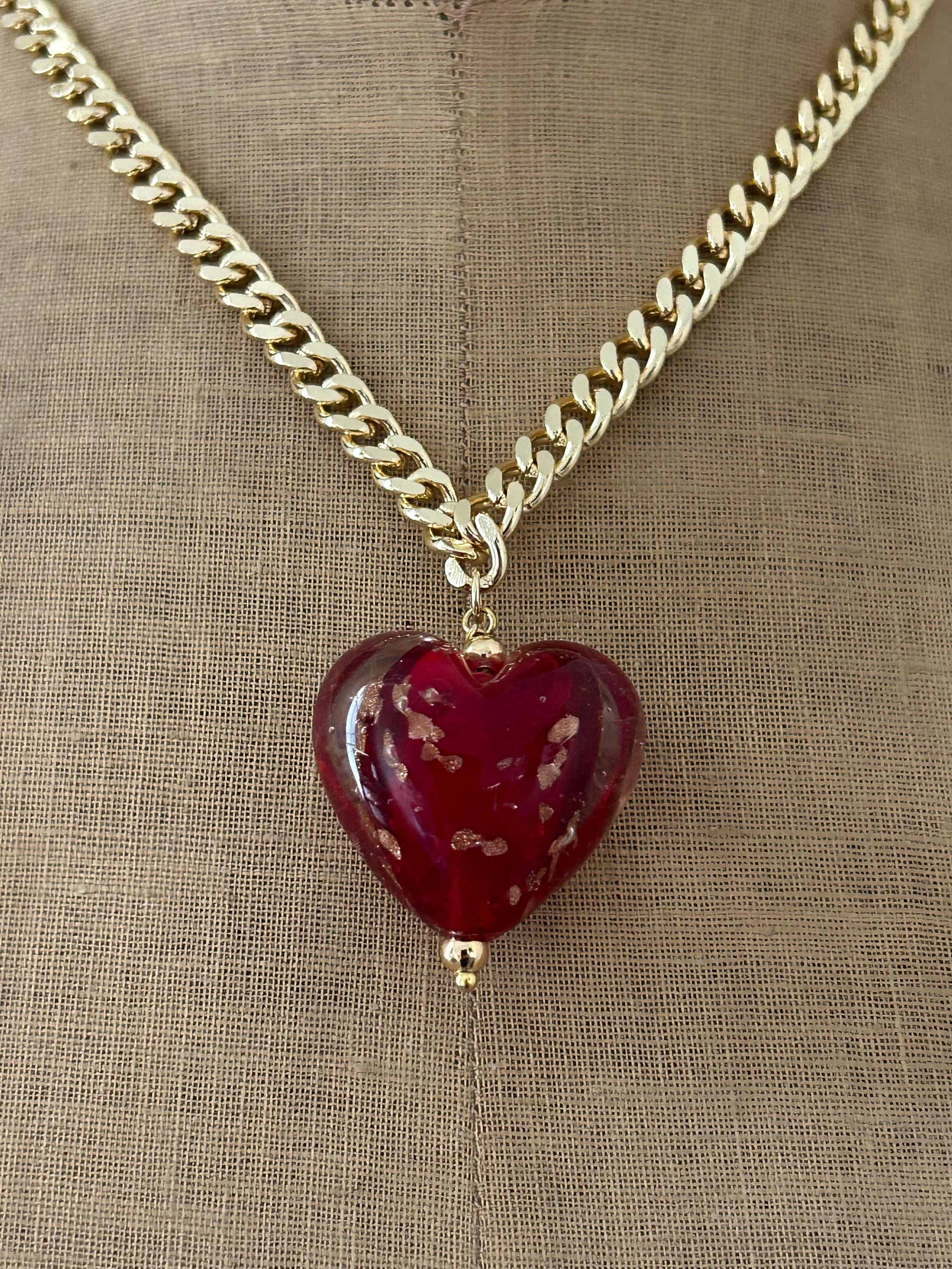 Collier Vintage Cœur Style Murano Avec Chaîne Et Perles Rouges - Modèle 4836