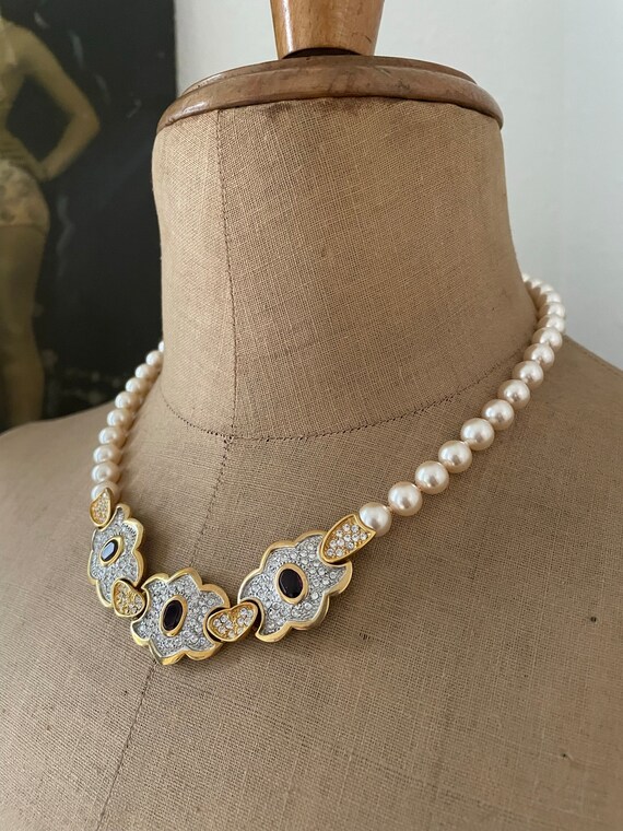 NOS Vintage 90s Faux Pearl Necklace w/ Pavé Rhine… - image 3